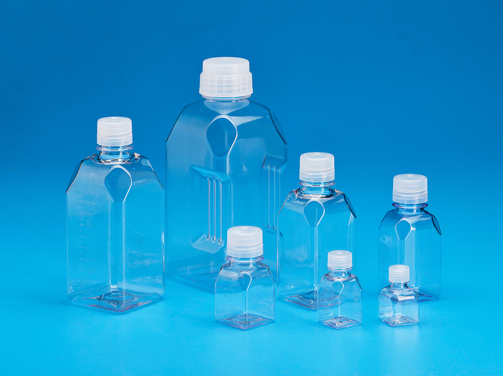 Sterile Square Graduated Media Bottle, PETG with white HDPE closure